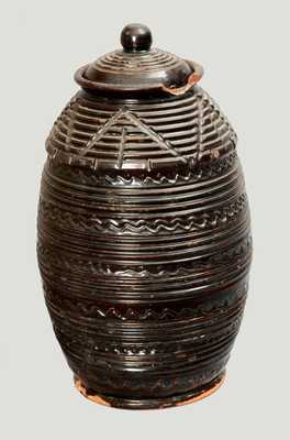 Fine Lidded Tobacco Jar with Elaborate Incised Decoration, American, early 19th century.