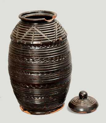 Fine Lidded Tobacco Jar with Elaborate Incised Decoration, American, early 19th century.