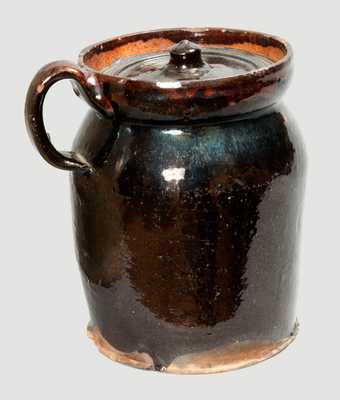 Glazed Redware Handled Jar with Lid, probably New England origin, first half 19th century.