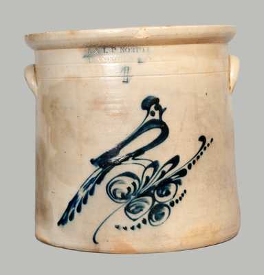 Four-Gallon Stoneware Crock with Cobalt Bird Decoration, Stamped 