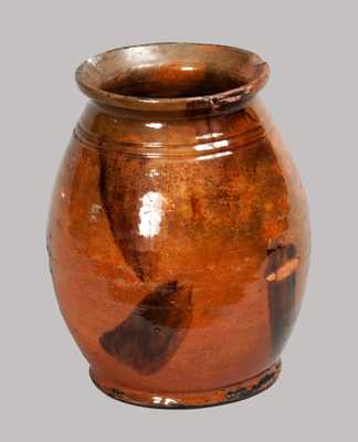 Finely-Glazed Redware Handled Jar, Massachusetts origin, early 19th century.