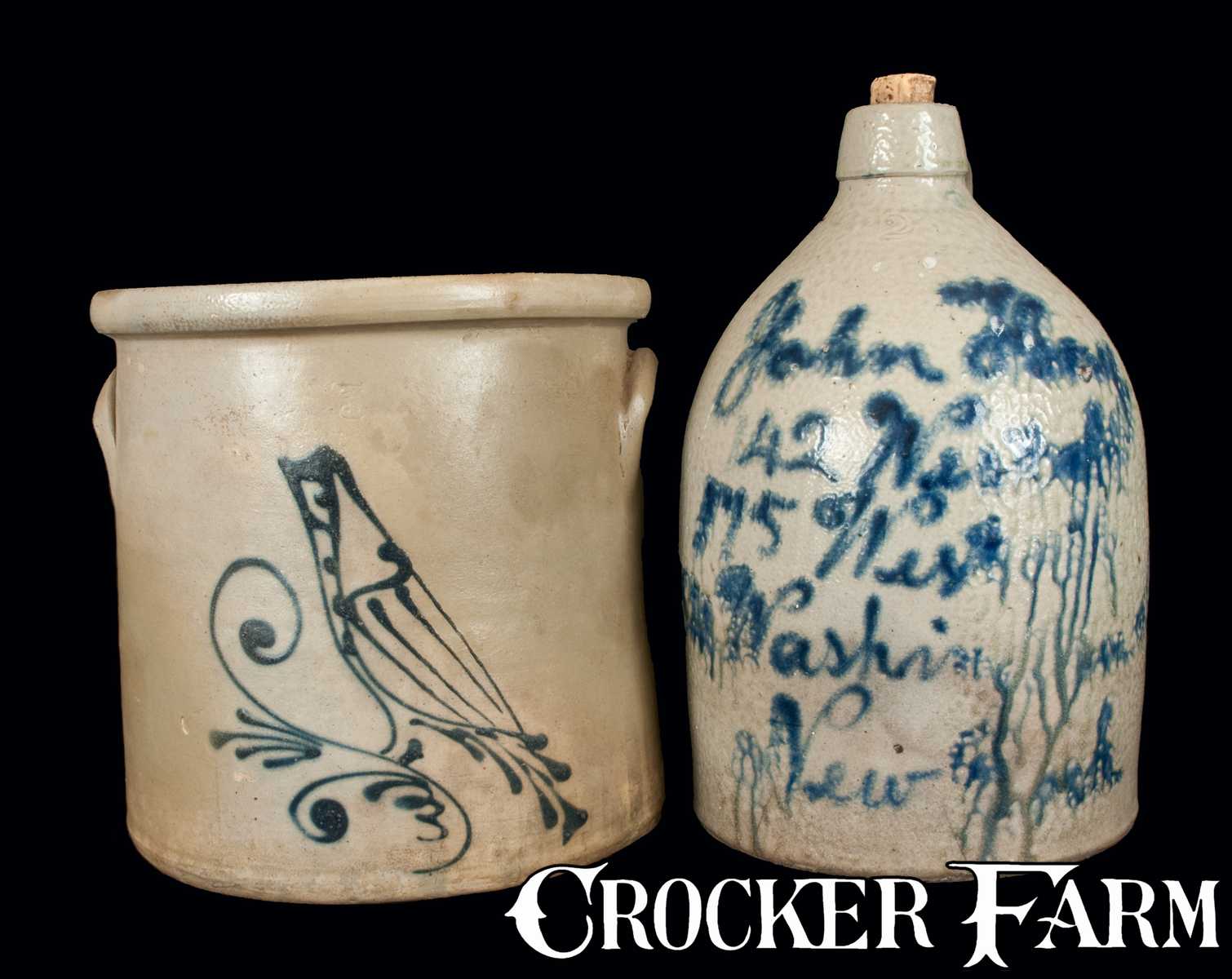 Lot of Two Stoneware Crock w Bird att FLACK VAN Lot of Two Stoneware Crock w Bird att FLACK VAN