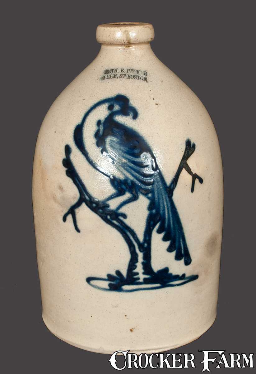 Boston Advertising Stoneware Jug W Exceptional Pheasant In Tree Decoration J E Norton Bennington Vt Lot 109 July 20 2013 Stoneware Auction Crocker Farm Inc