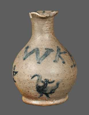 Bulbous Stoneware Cruet with W.K.I. Initials and Bird w/ Rider Decoration, probably Southern