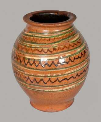 Important Ovoid Redware Jar w/ Alternating Three-Color Slip Decoration, att. John Bell, Chambersburg, PA