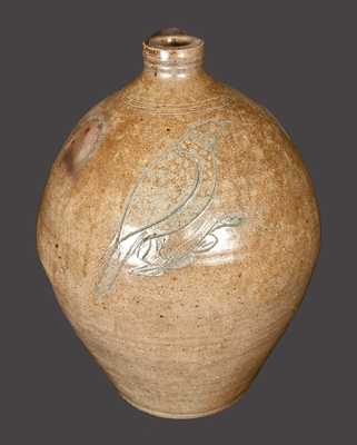 Rare Ovoid Stoneware Jug w/ Large Incised Bird Decoration att. Nicholas Van Wickle, Old Bridge, NJ