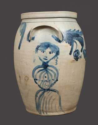 Extremely Rare Stoneware Crock w/ Elaborate Woman and Man's Head Decoration, Baltimore, c1850