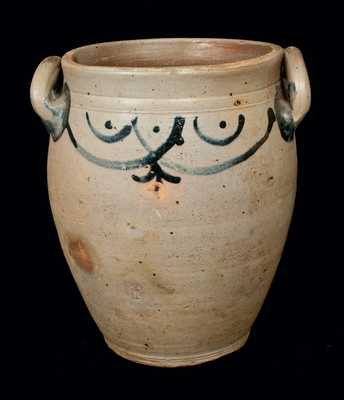 Early Loop-Handled NJ Stoneware Crock with Cobalt Drape Decoration