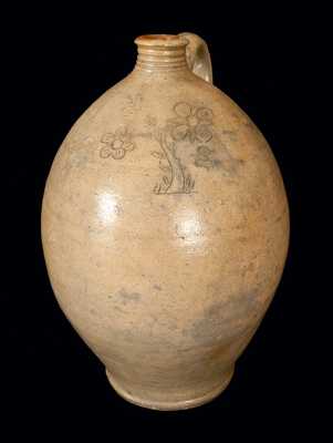 Very Rare Ovoid Stoneware Jug attrib. Branch Green, Philadelphia, PA, w/ Finely-Incised Bird and Floral Design