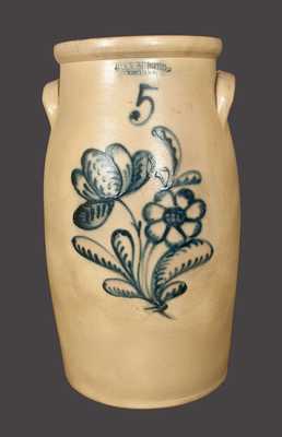 5 Gal. JOHN BURGER / ROCHESTER Stoneware Churn with Elaborate Slip-Trailed Floral Decoration