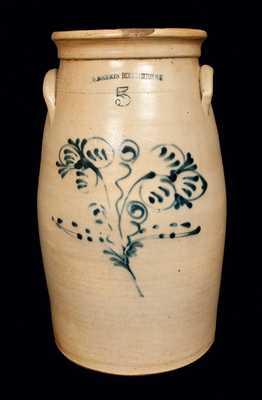 5 Gal. W. ROBERTS / BINGHAMPTON, NY Stoneware Churn with Slip-Trailed Floral Decoration