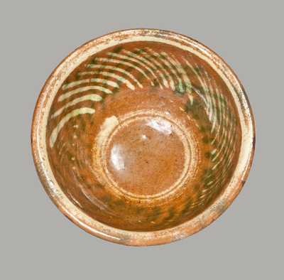 Miniature Redware Bowl with Yellow and Green Slip-Decorated Line Interior