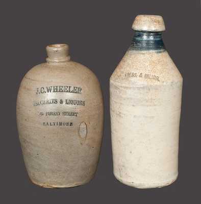 Lot of Two: 1/2 Gal. J. C. WHEELER Stoneware Baltimore Liquor Jug and KREBS & KNORR (Wilkes Barre, PA) Stoneware Bottle