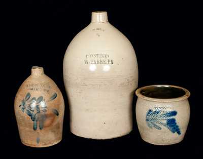 Lot of Three: COWDEN & WILCOX Stoneware Cream Jar with Floral Decoration, Wilkes Barre Advertising Jug, and Pfaltzgraff Jug