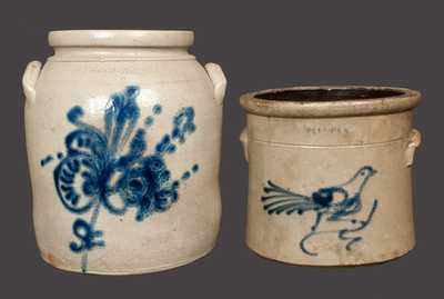 Lot of Two: WHITES UTICA Stoneware Crock with Bird Decoration and WHITES UTICA Crock with Floral Decoration