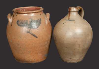 Lot of Two: Early Ovoid Stoneware Crock with Floral Decoration and Early Ovoid Stoneware Jug