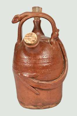 Unusual Small-Sized Redware Harvest Jug with Lizard Handle