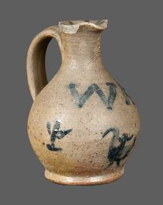 Bulbous Stoneware Cruet with W.K.I. Initials and Bird w/ Rider Decoration, probably Southern