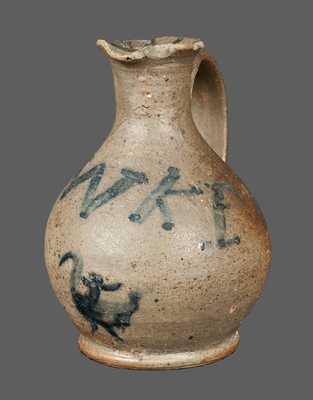 Bulbous Stoneware Cruet with W.K.I. Initials and Bird w/ Rider Decoration, probably Southern