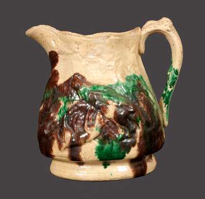 Rare Multi-Glazed Redware Pitcher w/ Molded Hunt Scene, S. Bell & Son, Strasburg, VA