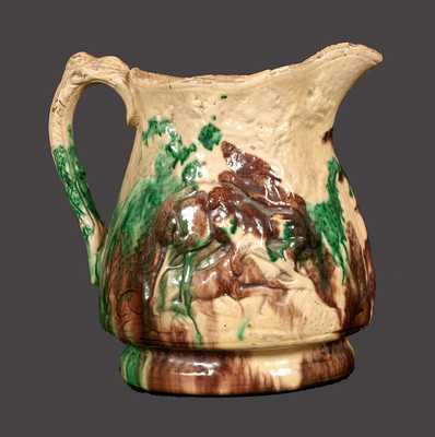 Rare Multi-Glazed Redware Pitcher w/ Molded Hunt Scene, S. Bell & Son, Strasburg, VA