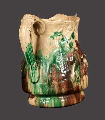 Rare Multi-Glazed Redware Pitcher w/ Molded Hunt Scene, S. Bell & Son, Strasburg, VA