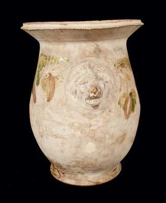 Rare SOLOMON BELL / STRASBURG / VA Slip-Decorated Redware Urn w/ Lion's Head Handles