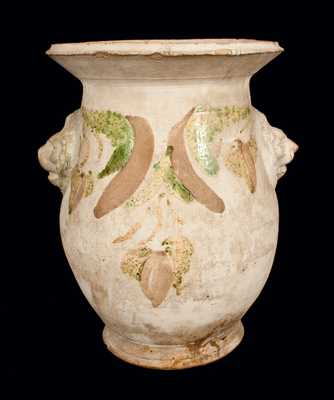 Rare SOLOMON BELL / STRASBURG / VA Slip-Decorated Redware Urn w/ Lion's Head Handles