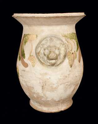 Rare SOLOMON BELL / STRASBURG / VA Slip-Decorated Redware Urn w/ Lion's Head Handles