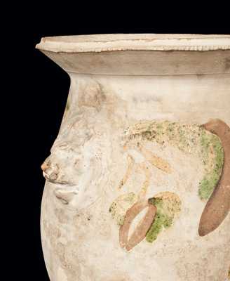 Rare SOLOMON BELL / STRASBURG / VA Slip-Decorated Redware Urn w/ Lion's Head Handles