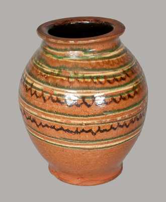 Important Ovoid Redware Jar w/ Alternating Three-Color Slip Decoration, att. John Bell, Chambersburg, PA