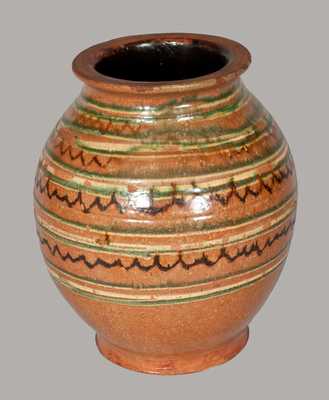 Important Ovoid Redware Jar w/ Alternating Three-Color Slip Decoration, att. John Bell, Chambersburg, PA