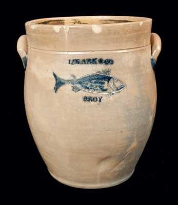Rare J. CLARK & CO. / TROY Stoneware Crock w/ Incised Fish Decoration