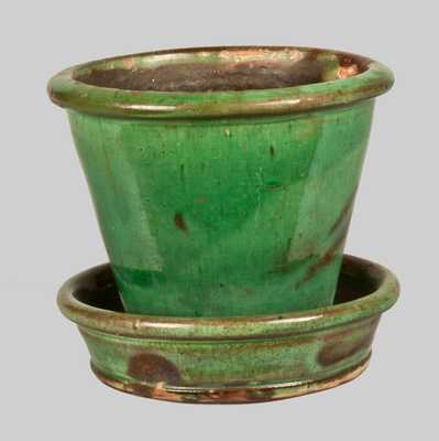 JOHN BELL / WAYNESBORO, PA Redware Flowerpot with Vibrant Green Glaze