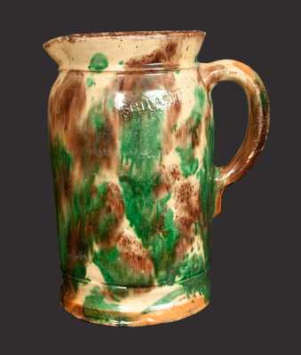 Rare Multi-Glazed Redware Tankard Pitcher, Stamped S. BELL & SON. / STRASBURG