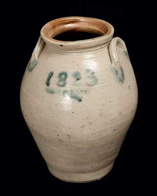 Scarce One-Gallon Stoneware Jar w/ Cobalt Floral Design and 1823 Date, attrib. Nicholas van Wickle, Old Bridge, NJ.