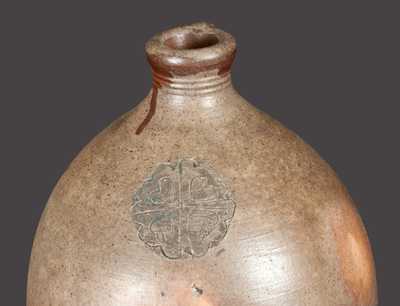 Rare Ovoid Stoneware Jug with Impressed Four Hearts Design, attrib. Old Bridge, NJ