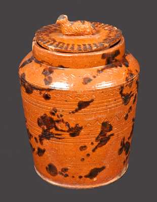 Unusual Redware Jar with Sheep Finial Lid