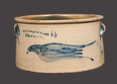 Rare D. P. HOBART / WILLIAMSPORT Stoneware Cake Crock with Bird Decoration