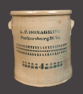 4 Gal. A. P. DONAGHHO / PARKERSBURG, WV Stoneware Crock