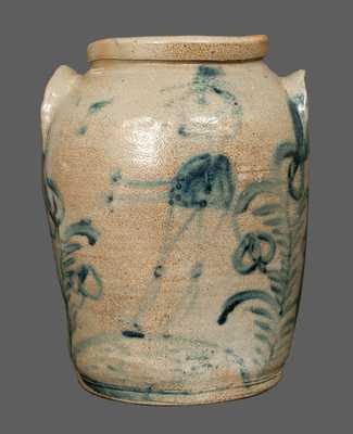 Extremely Rare Stoneware Crock with Full-Bodied Man and Floral Decoration, Baltimore, circa 1825
