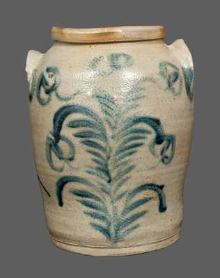 Extremely Rare Stoneware Crock with Full-Bodied Man and Floral Decoration, Baltimore, circa 1825