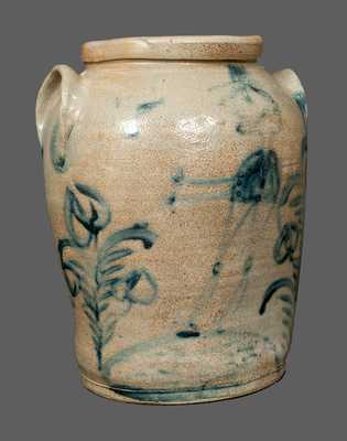 Extremely Rare Stoneware Crock with Full-Bodied Man and Floral Decoration, Baltimore, circa 1825