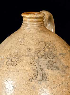 Very Rare Ovoid Stoneware Jug attrib. Branch Green, Philadelphia, PA, w/ Finely-Incised Bird and Floral Design