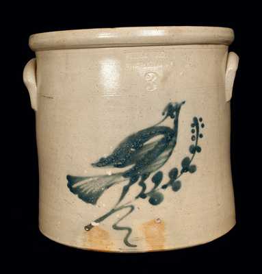 3 Gal. WHITE & WOOD / BINGHAMTON, NY Stoneware Crock with Bird Decoration