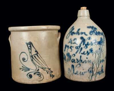 Lot of Two: Stoneware Crock w/ Bird att. FLACK & VAN ARSDALE / CORNWALL, ONT. and New York Script Jug