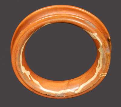 Unusual Redware Water Cooler Ring with Yellow Slip Decoration