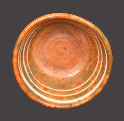 Unusual Small-Sized Redware Bowl with Yellow-Slip Lines on Interior