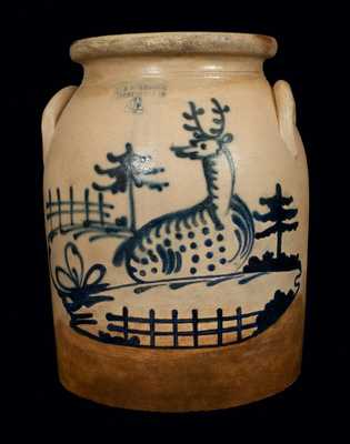 4 Gal. J. & E. NORTON / BENNINGTON, VT Stoneware Crock with Reclining Deer and Fence