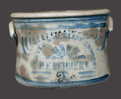 Rare 2 Gal. Western PA Stoneware Cake Crock w/ CENTER WHEELING GROCERY / H. F. BEHRENS Advertising